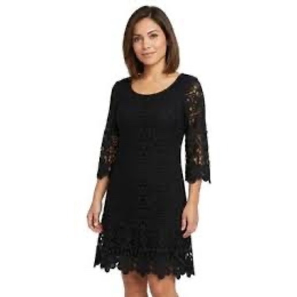Alfani Women Black Crochet Lace 3/4 Sleeve Scalloped Shift Dress Small NWT